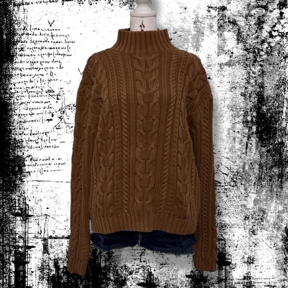 foldover mock neck thick beige tan cable knit sweater